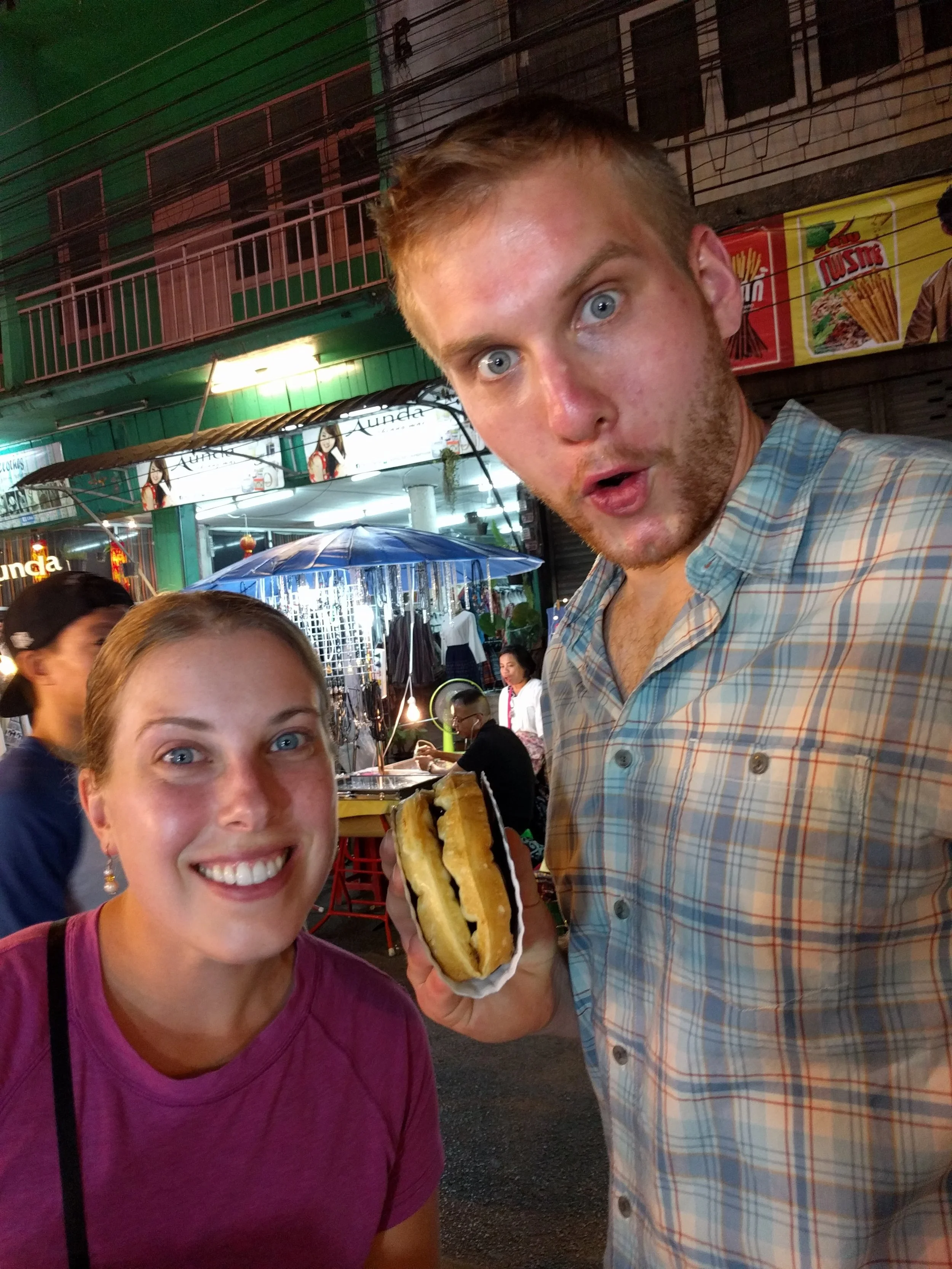 Our last purchase of the night was a giant Belgium waffled filled with chocolate sauce. It made up for the crickets.