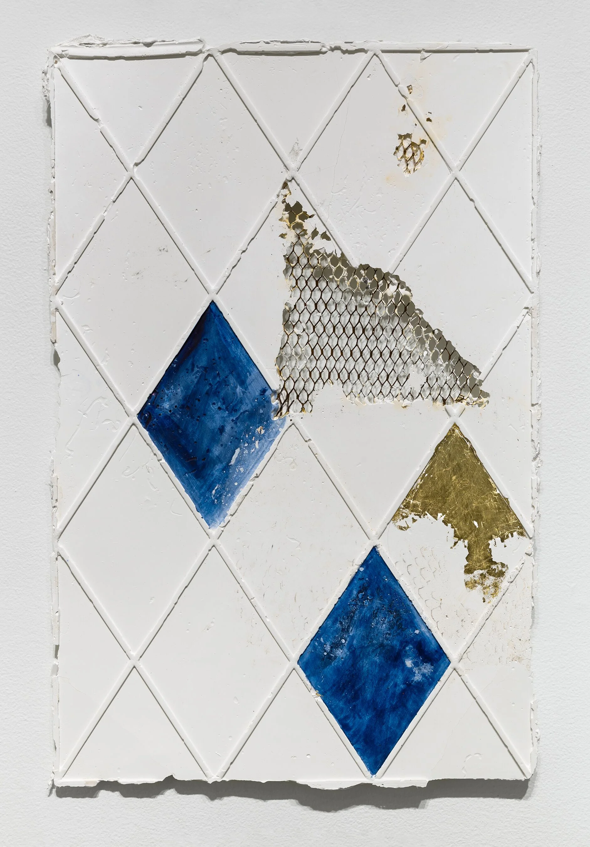 Wander-Net, 2017 Hydrocal cast frameless leaded window with found factory rust, gold leaf, and indigo ink 24h x 15w in