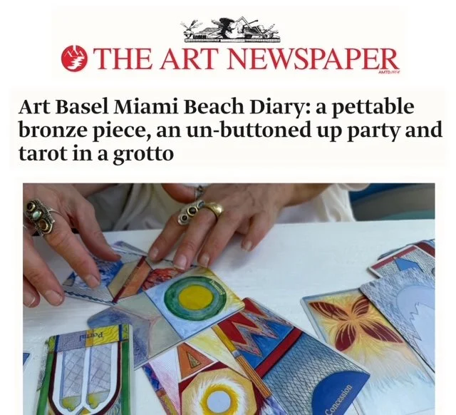  Nada’s art-tarot reading left our reporter with plenty to ponder on  Photo: Gareth harris   Art in the cards   Nada has the perfect antidote to this week’s frenzy: a tarot reading. In the fair’s garden, the artist Julie Schenkelberg has set up a spe