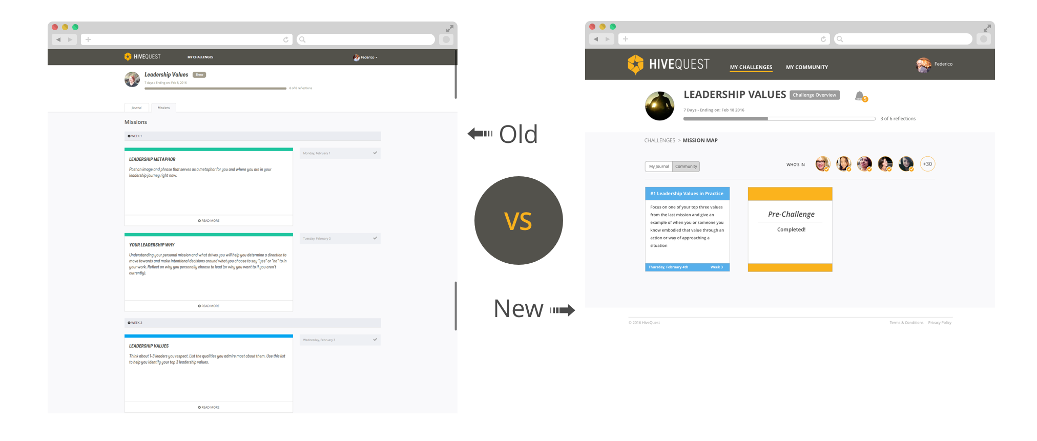 Before: Missions were organized from first to last, leaving the newest one at the bottom. After: we reshape them to follow the format of the rest of the site and reorganized them from last to first. We also eliminated the tabs, combining all personal missions and pre-challenge onto one screen.