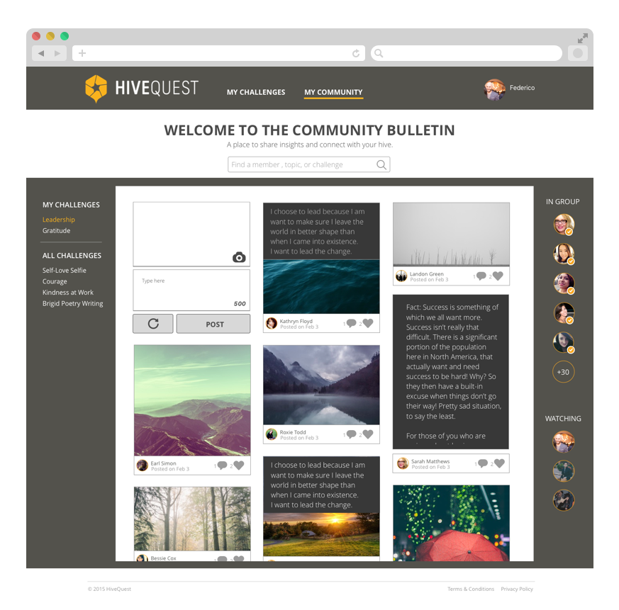 Community page where users can re-connect after their challenges are completed.
