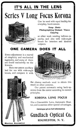 Here's an original 1901 advertisement from the Gundlach Optical CO. We have one of the Korona view model's in our lineup of booths for rent ©Gundlach-Manhattan Optical Co. 