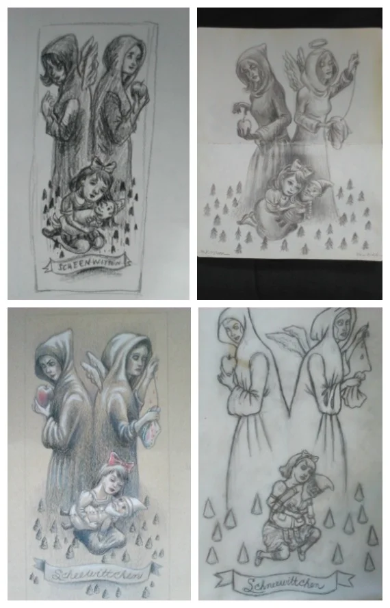 Many, many sketches and drawings went into making this Snow White painting.