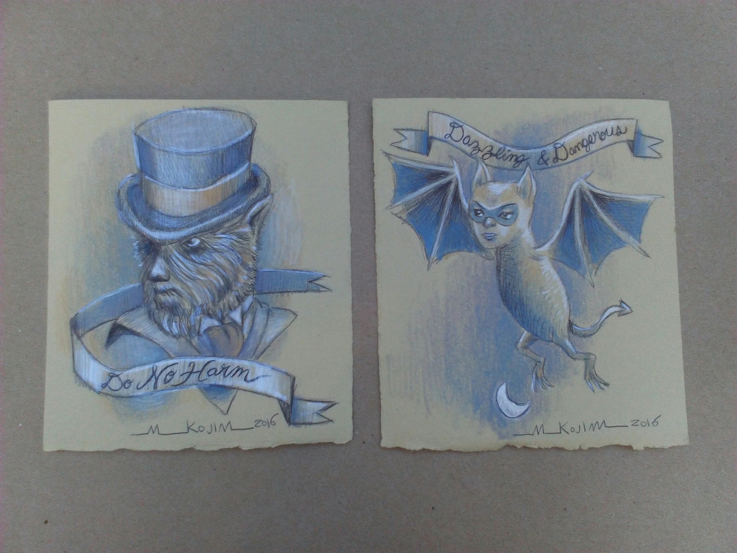 The 2 little drawing I created at the 2016 Monster Drawing Rally. "Do No Harm Wolfman" and "Dazzling & Dangerous Bat".