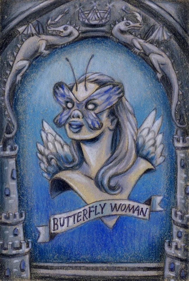 Small drawing of the butterfly woman custom magical creature portrait .
