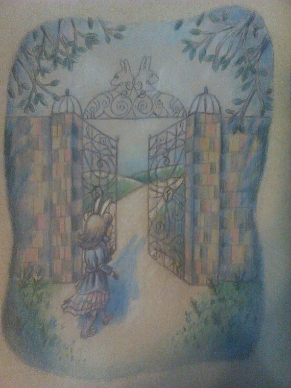 Work in progress of "Bunny Trespassing" drawing, now with some color.