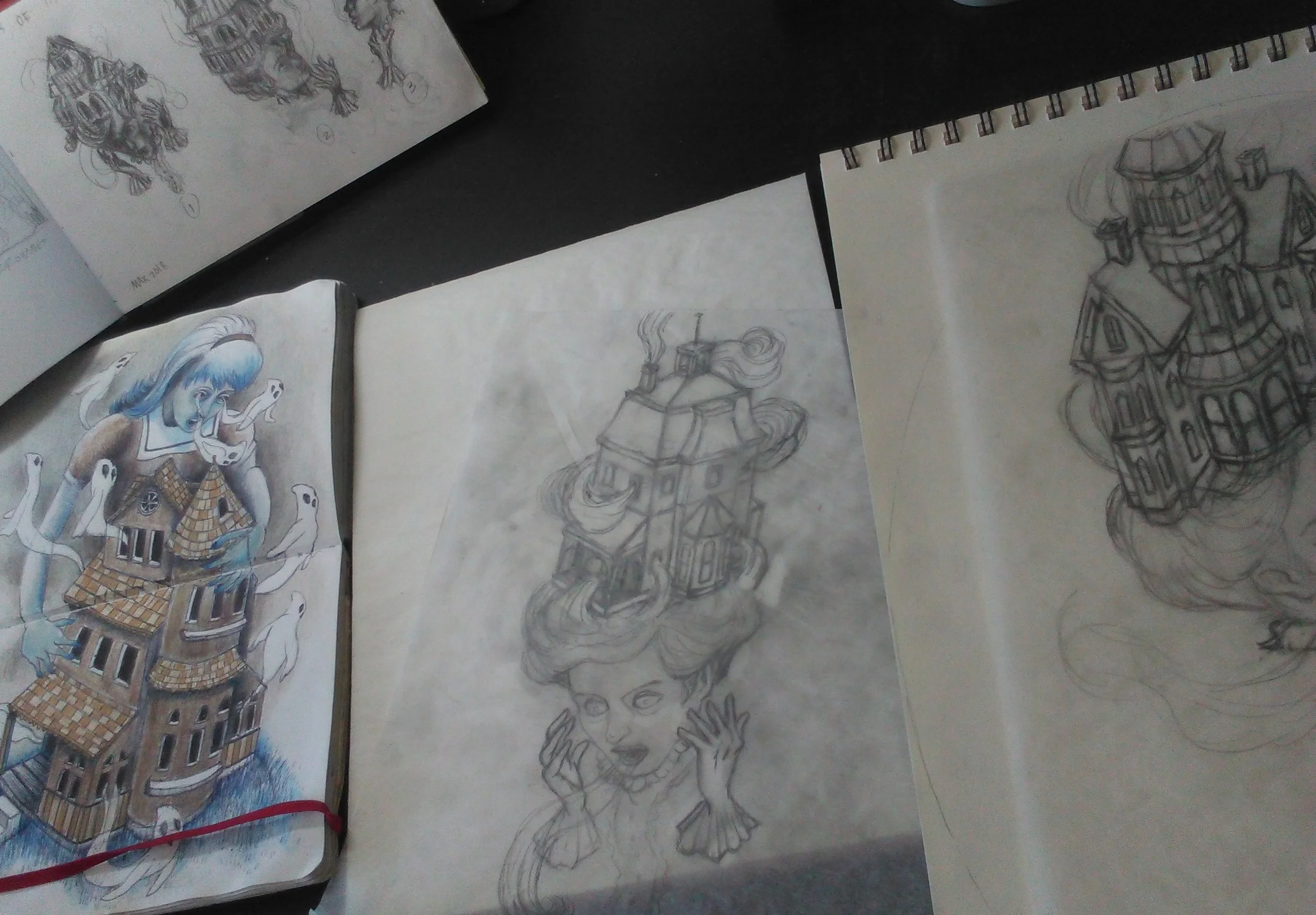 Haunted House Lady Drawing-WIP-Sketches on Desk.jpg