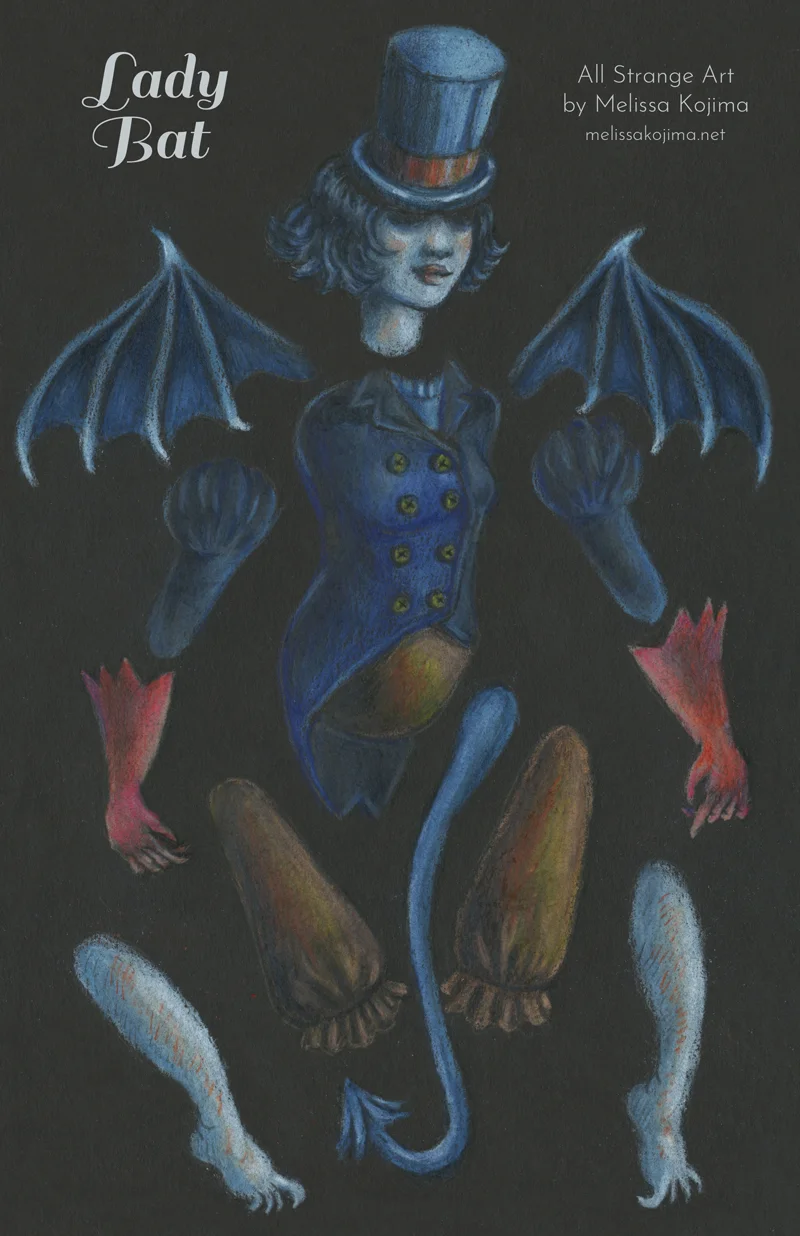 Lady Bat paper puppet will be for sale as a DIY print for $5.00 and the original, assembled art in a homemade shadow box for $300.00.