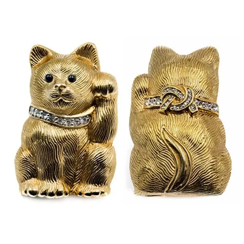 Dual Beckoning Cat Brooch Pins