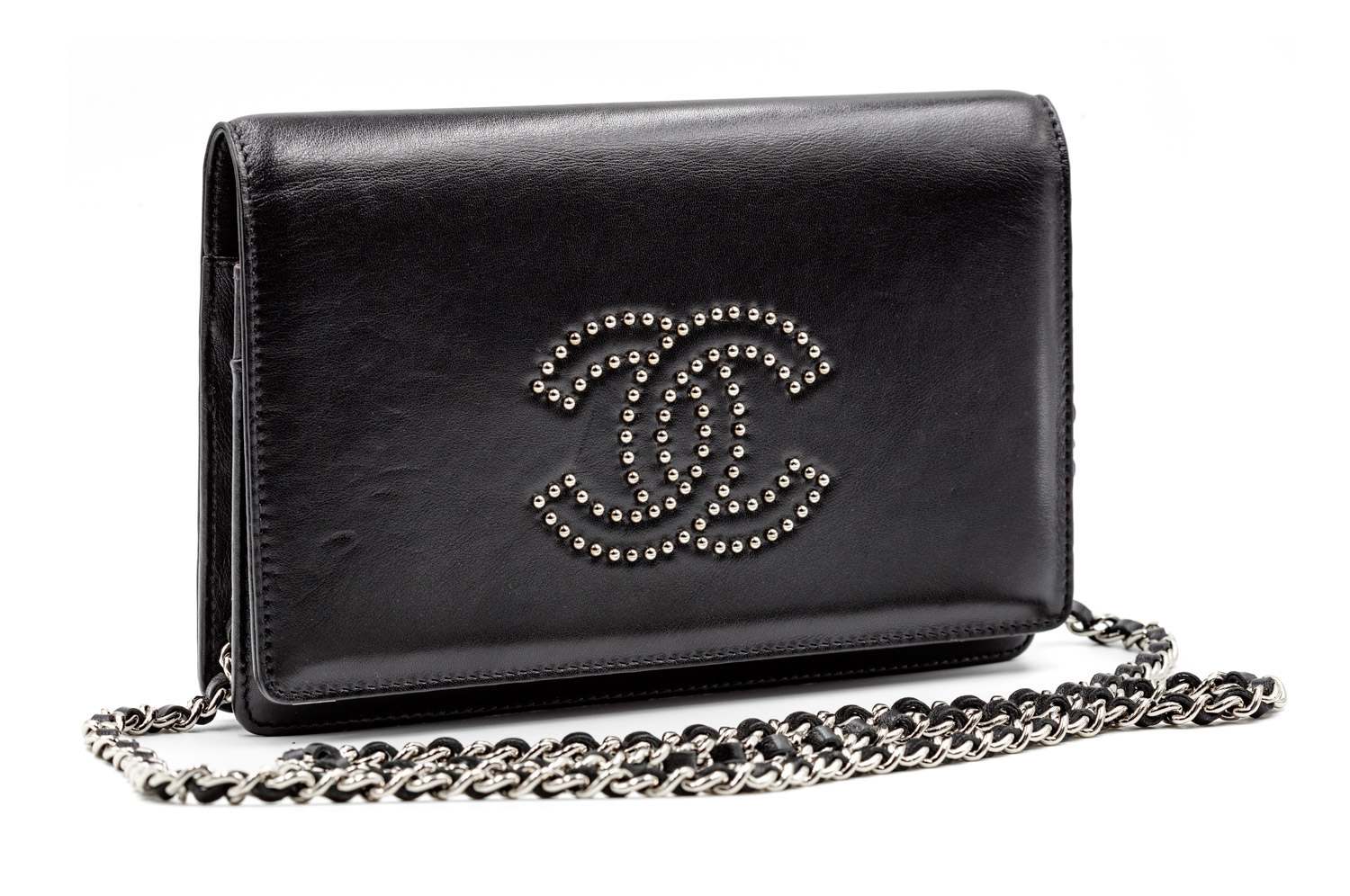 Black Lambskin Chanel Bag with Studded Logo — Harriett's Closet