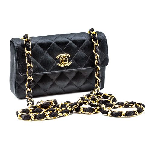 Black Quilted Satin Chanel Evening Bag