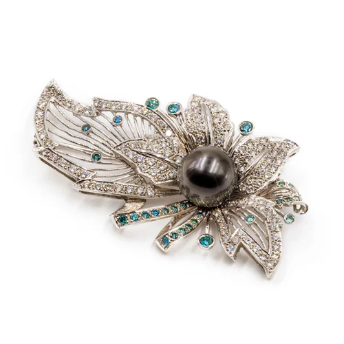 Diamond Brooch with Black Tahitian Pearl