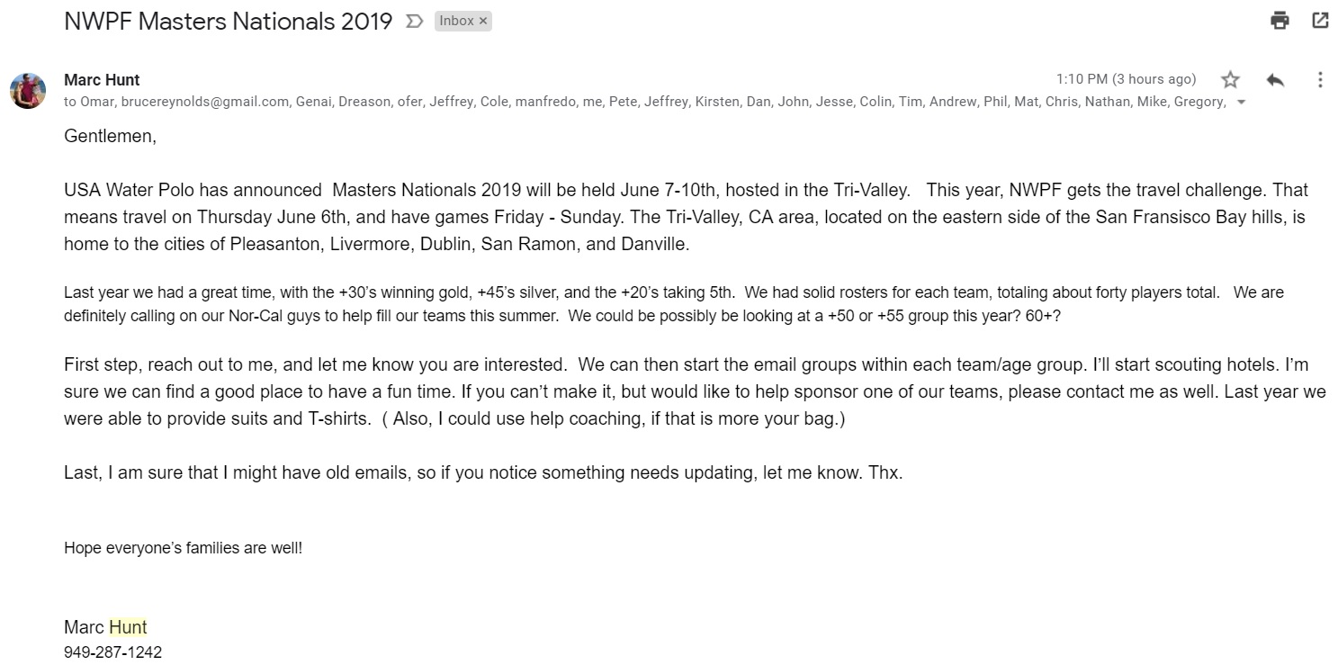  Hunt Email to rally the troops 