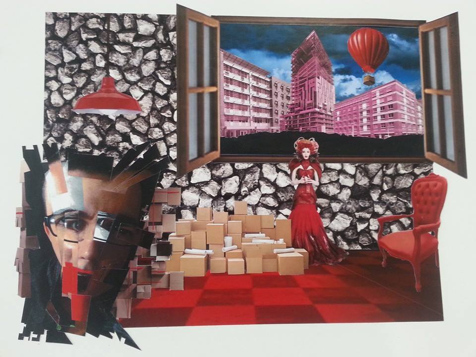  Self-portrait collage inserted into collage atmospheric surreal space. 