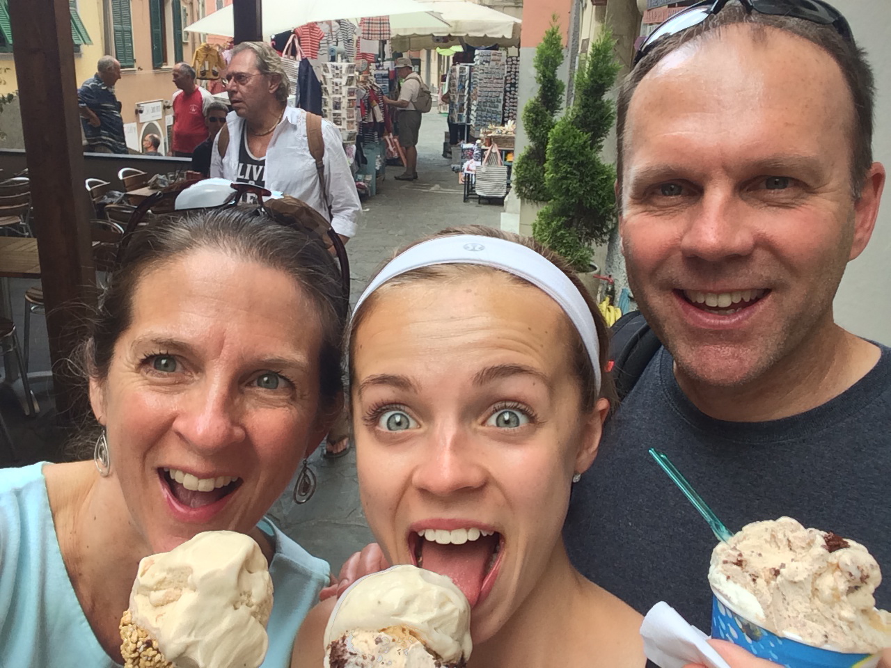 Enjoying our double scoops of gelato (our twice-a-day treat) in Cinque Terre, Italy