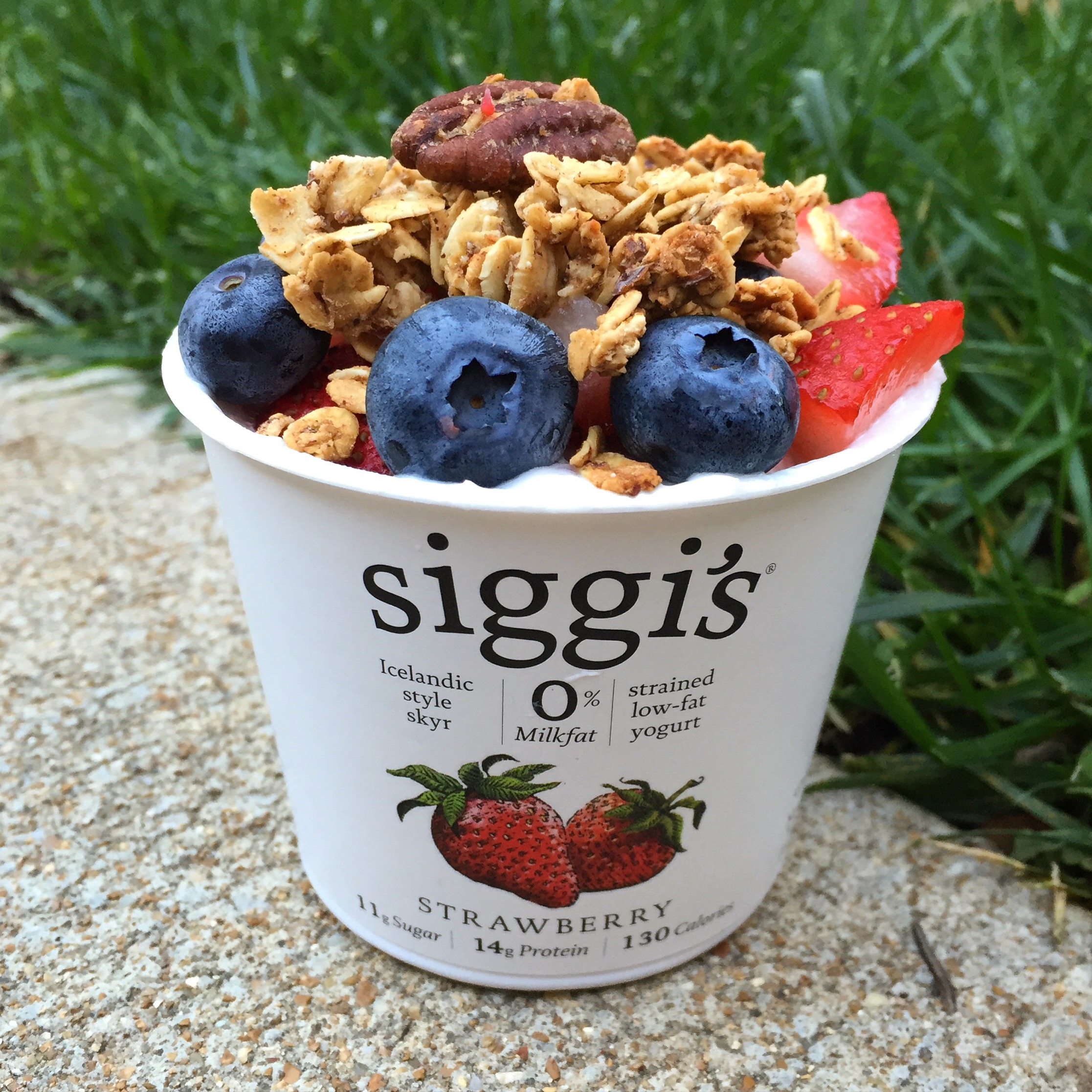 Siggi's is one of my favorite brands. High Protein, High deliciousness, but lower sugar than a lot of flavored yogurts. Along with berries, I topped this with my homemade banana bread granola, which is also one of my regular items I make because my whole family loves it, and it is SO ADDICTING.