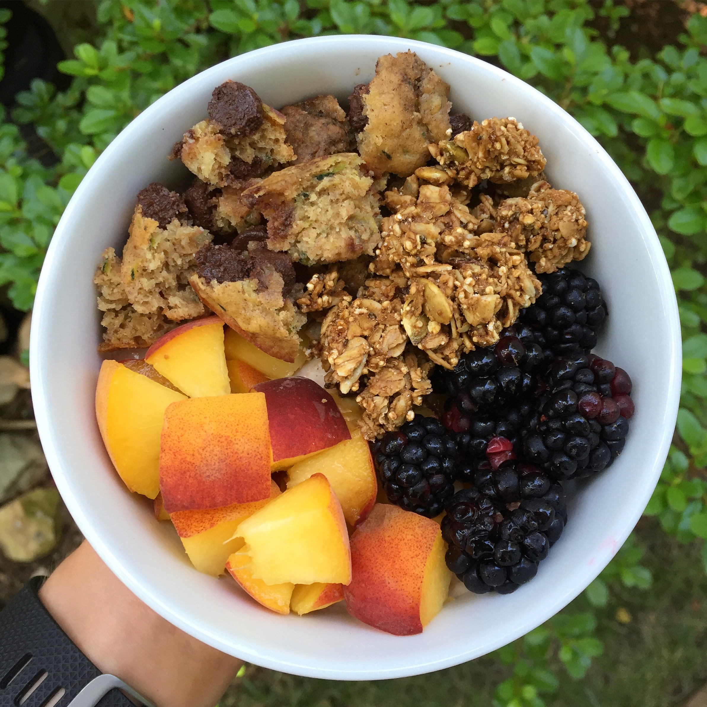 Fage plain greek yogurt sweetened with french vanilla stevia drops topped with a juicy peach, blackberries from the farmer's market, Purely Elizabeth granola (MY FAVORITE), and one of these zucchini banana bread chocolate chip muffins! It was a perfect addition to my usual greek yogurt bowls.