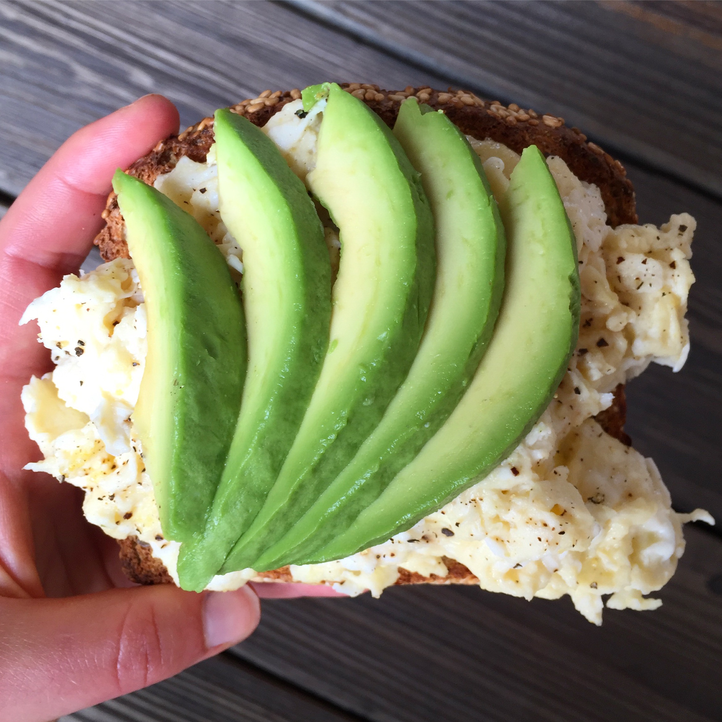 Sesame Food For Life Ezekiel Bread toasted + scrambled egg + egg white + avocado + salt + pepper