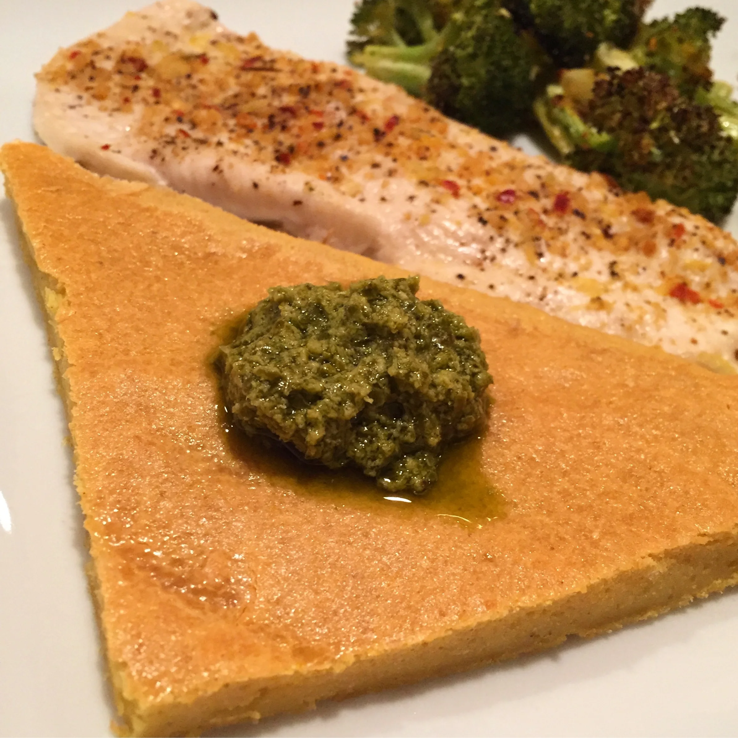 Dinner: Lentil Flatbread + Spiced lemon Chicken + Lemon Roasted Broccoli + hummus (which is hiding) to dip the chicken in.