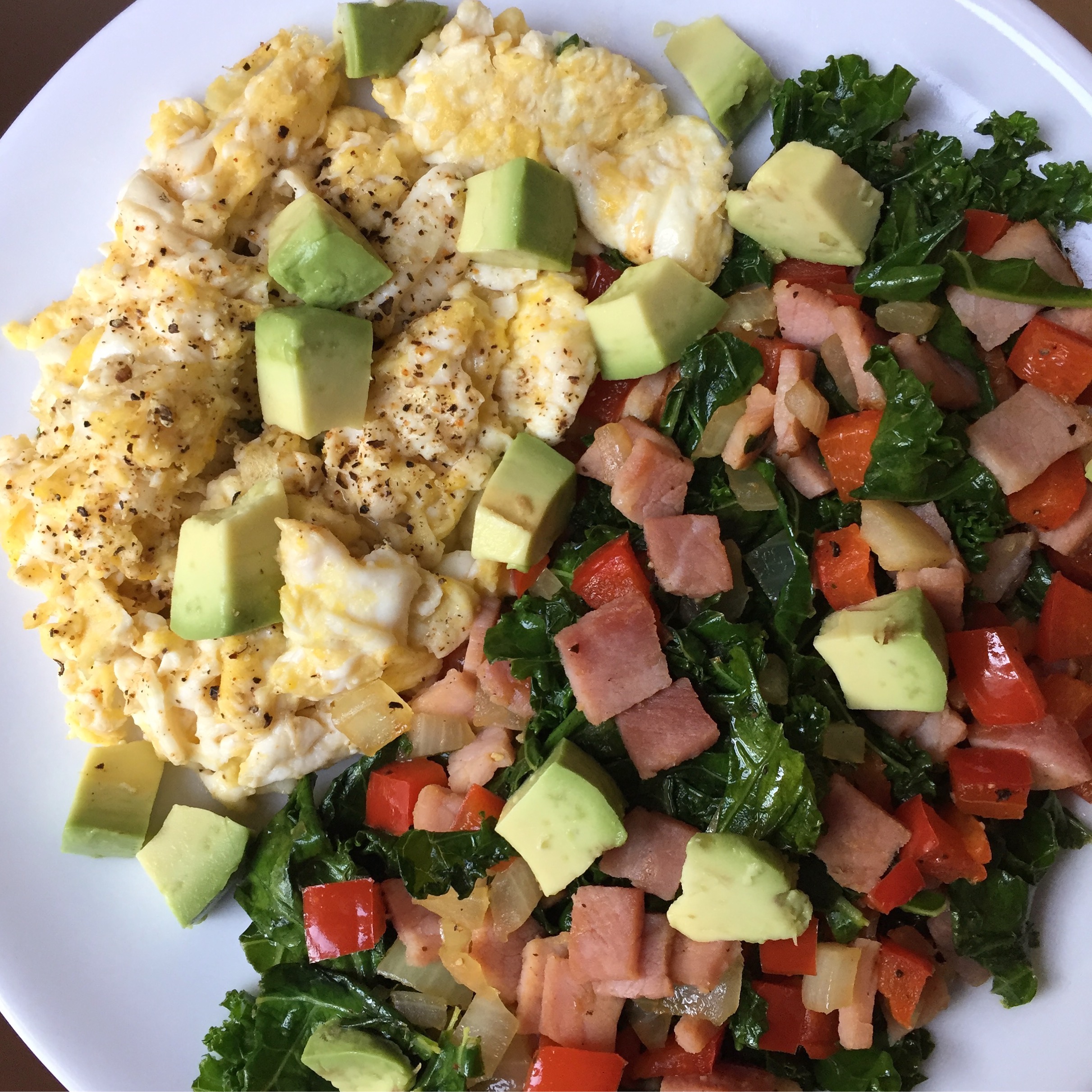 This hash is a tiny bit different, but still very similar. I ran out of sweet potatoes, but I added in ham and red bell pepper to replace them. 
