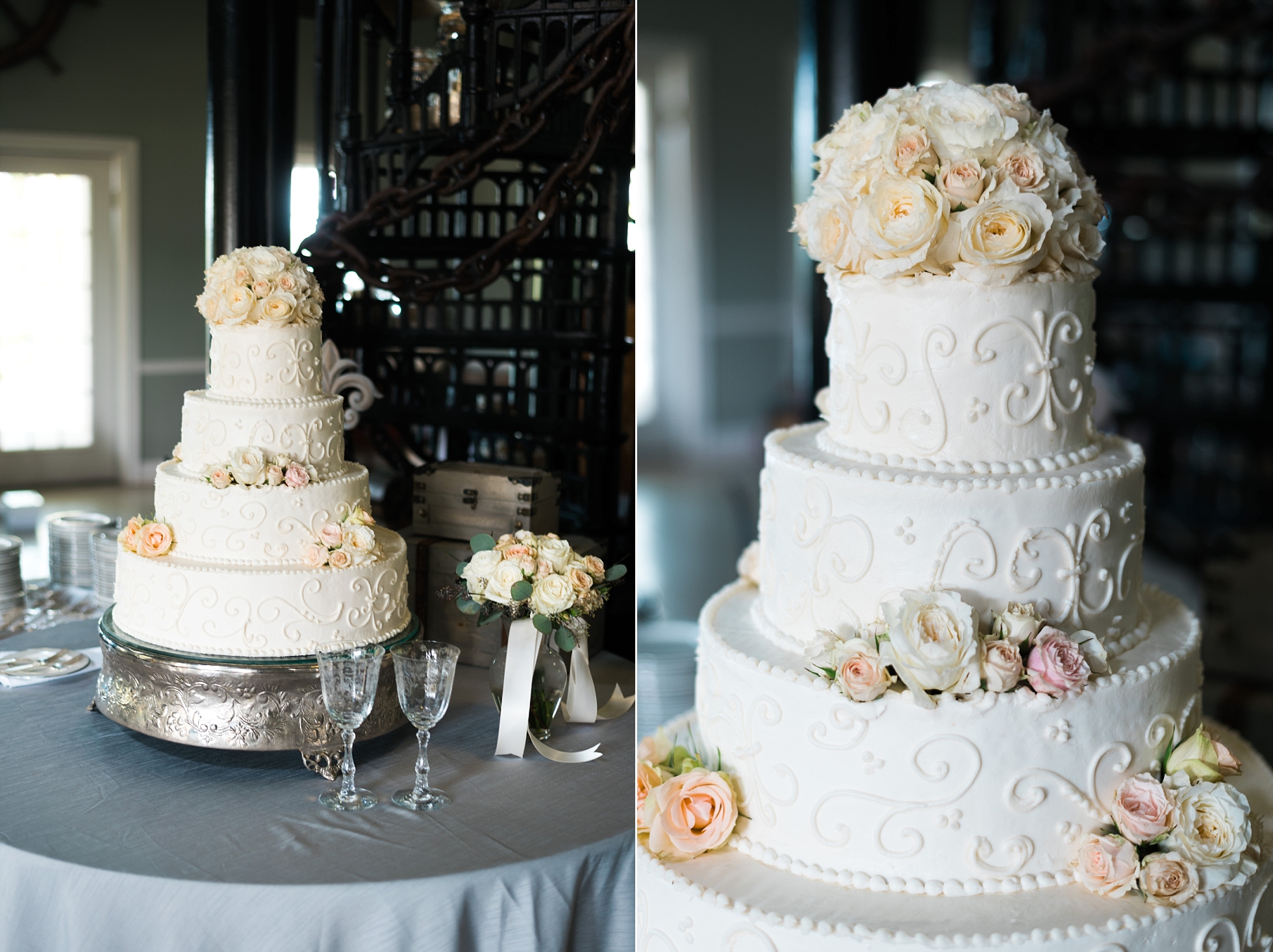 Traditional Wedding Cake with Flowers | Kyle & Erin | Scarbrough Wedding | Children's Harbor | Laura Wilkerson Photography