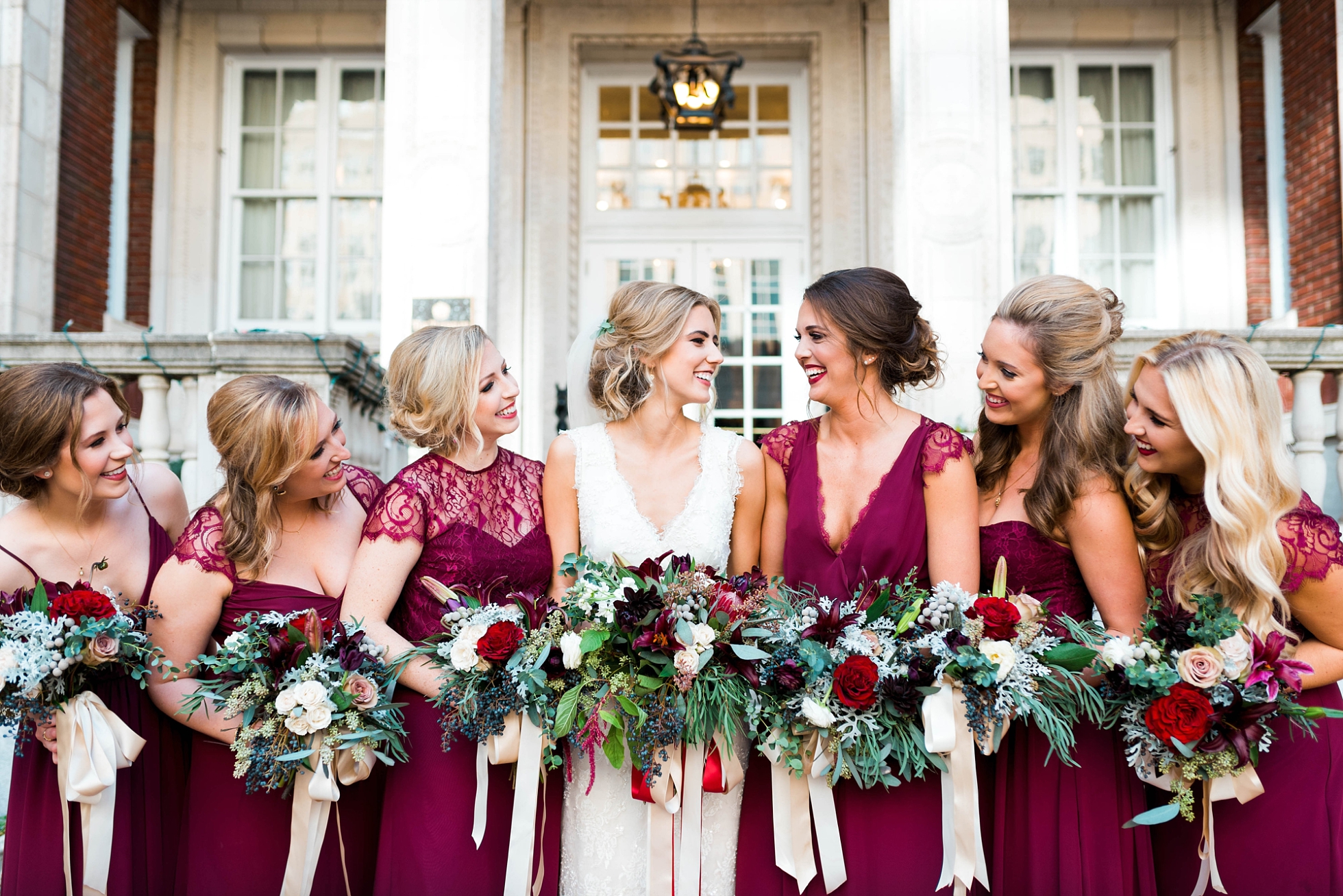 BRIDE WITH BRIDESMAIDS IN MAROON | MATT & MEGAN | CAREY WEDDING | B&A WAREHOUSE | ST. FRANCIS XAVIER