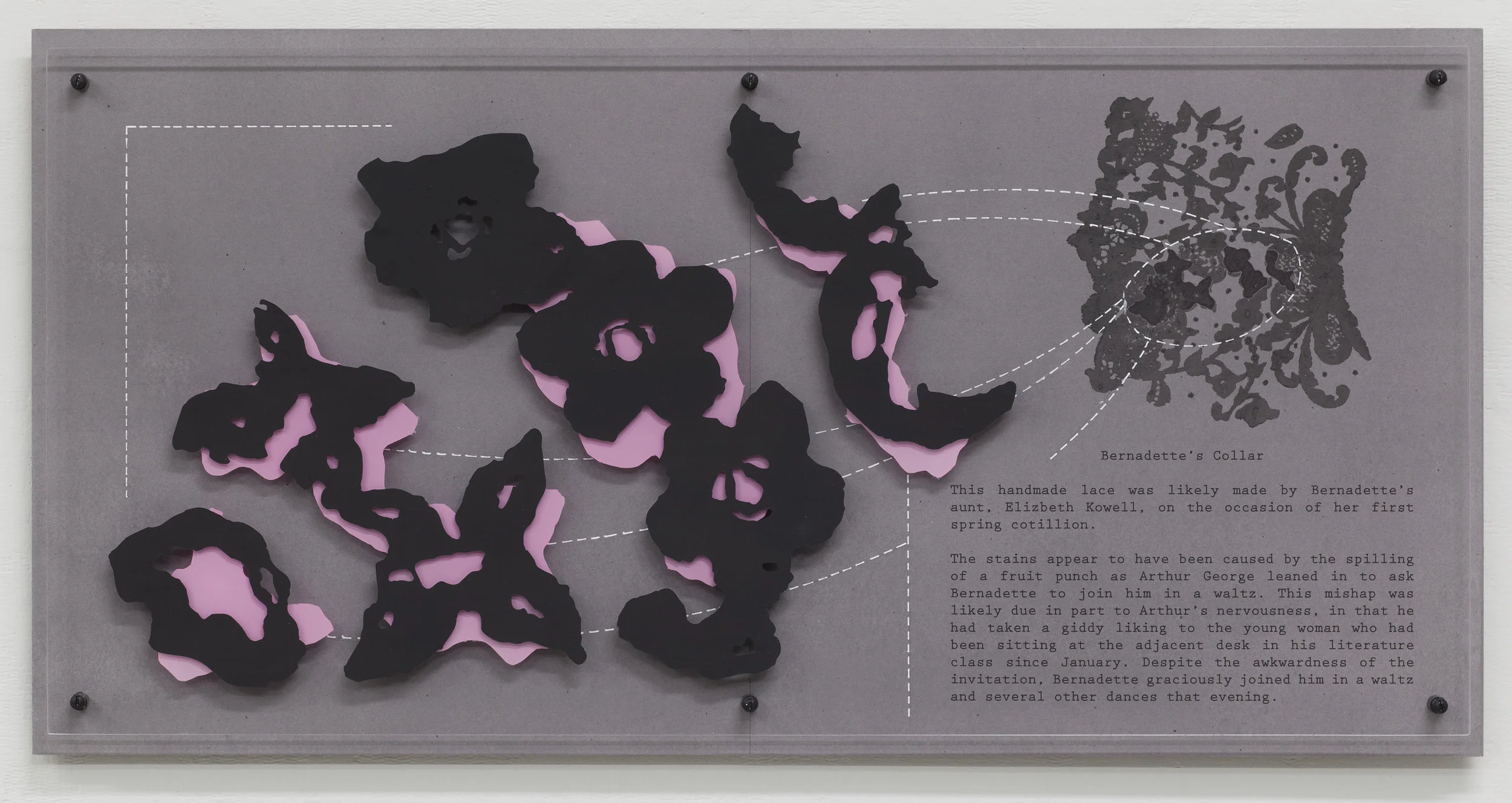Bernadette’s Collar , ink on paper mounted on panel, acrylic paint on plexi, hardware. 12” x 24” x 1.5”