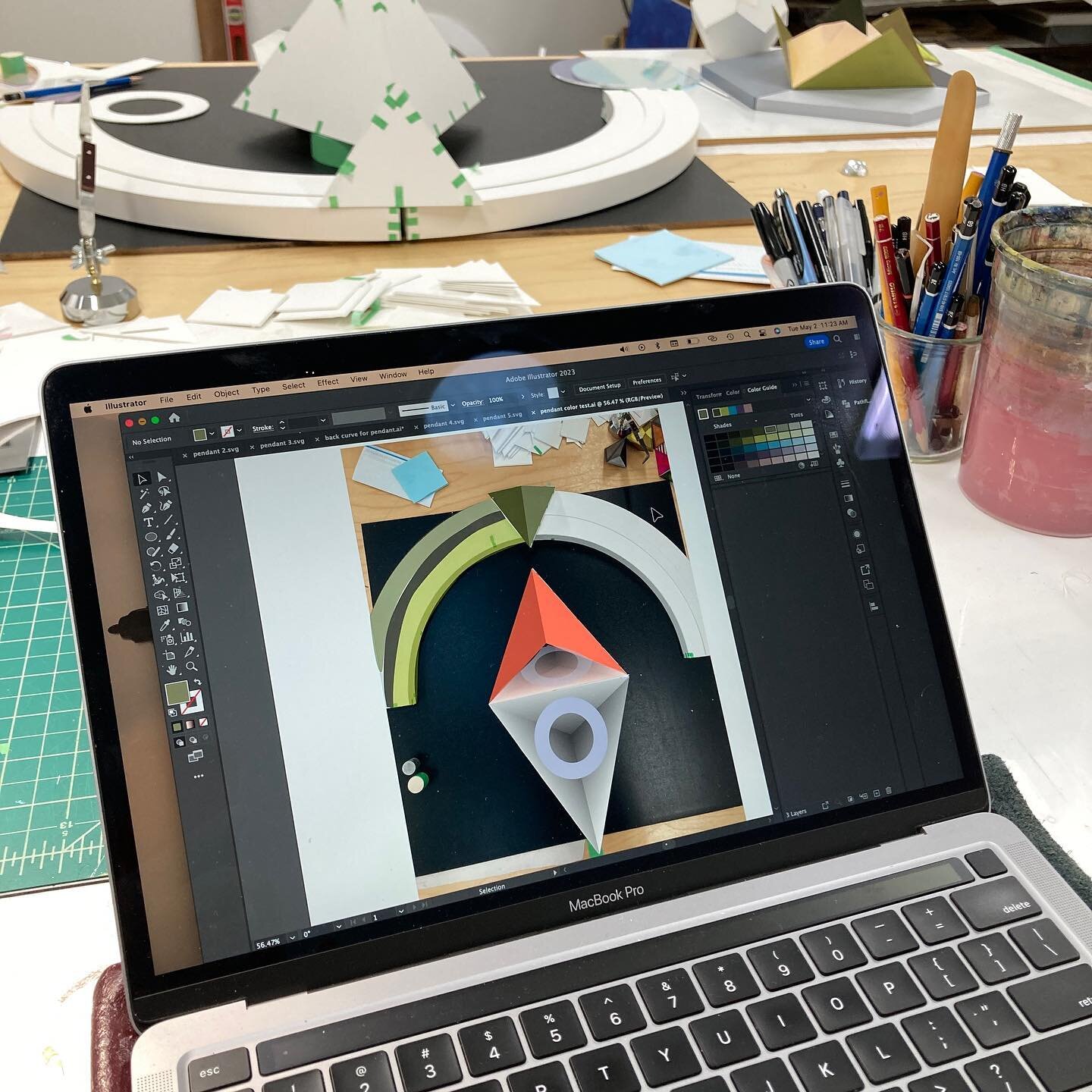 A quick look into a part of my process. Working out color considerations here. Easier done digitally rather than wasting paint. The object to be painted is on the table in the background.  Geometry Lessons
(works on and of paper)
&nbsp;&nbsp;
June 14