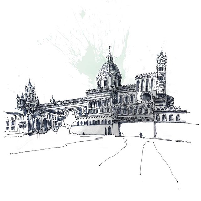 Palermo Duomo, a 12th century beauty with many styles, was designed by Neapolitan architect Ferdinando Fuga, who designed with the mood of his day // Watercolor, pen and ink #arch_grap #arch_more #arch_sketch #sketchbook #watercolor #penandinksketch 
