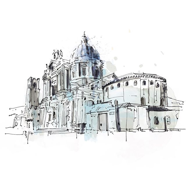 Starting construction in the 1600&rsquo;s, this Baroque duomo also has neoclassical hints to it, as it took over 2 centuries to build // Watercolor, pen and ink #archisketch #sketchwalker #penandink #sketchbook #watercolor #originalpainting #watercol