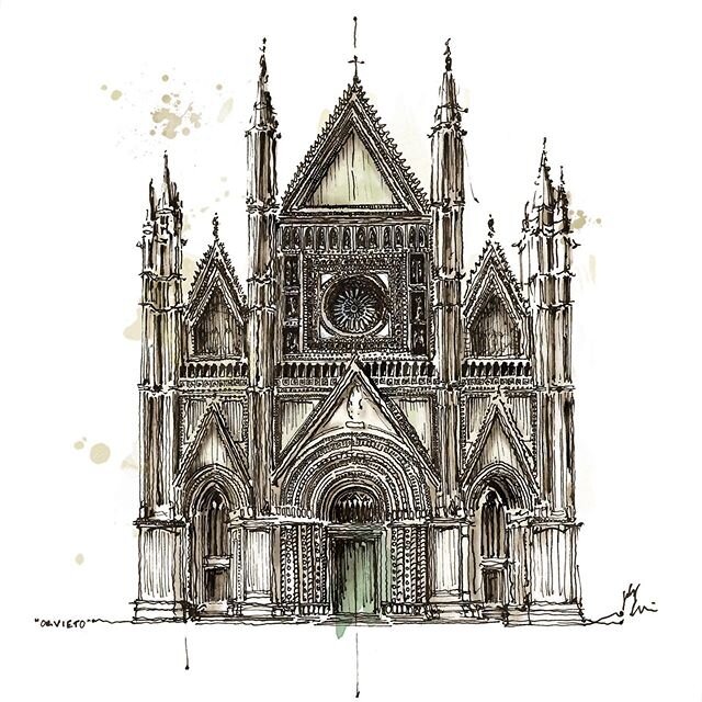 Starting construction in 1290, the Duomo in Orvieto, Italy can be seen from miles around and is still truly an architectural and artful masterpiece // Pen and ink, some watercolor #orvietoitaly #duomodiorvieto #sketchbook #sketch #archisketch #archil