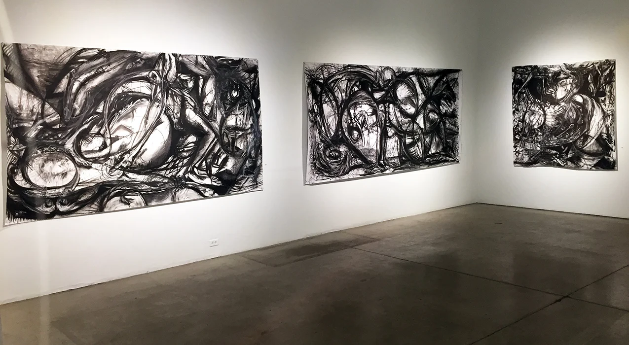(BELOW) Drawing Conclusions exhibition Patchoque Arts Council Gallery Nov 10 - Dec 23, 2018 Live Drawing performance 4 hours and two completed works exhibited Drawing Conclusions , curated by PAC senior curator, John Cino features the work of Oreen Cohen, Karine Falleni, Jeanne Heifetz and Katherine Kaiser. Drawing Conclusions through installation and technique stretches the concept of drawing beyond its traditional uses. From the Press Release -“Oreen Cohen references New York School painting as she creates monumental gestural drawings with the strength and power of abstract expressionist painting.” More info: https://patchoguearts.org/drawing-conclusions/