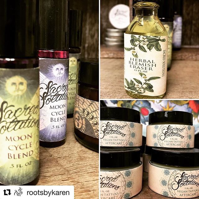 #Repost @rootsbykaren
・・・
Some of my most favorite products from Sacred Solutions ~ Herbal Blemish Eraser, Moon Cycle Oil Blend, &amp; Vegan Tattoo Aftercare ~ all have multiple uses ... and work like magic 💫🌟💚🌿 @sacredsolutions