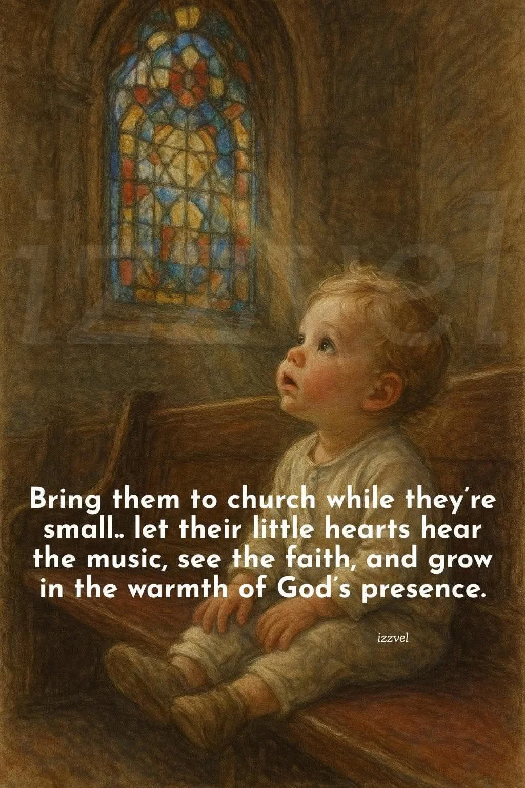 A young child sitting in a church pew, looking up at a stained glass window with a sense of wonder and awe.