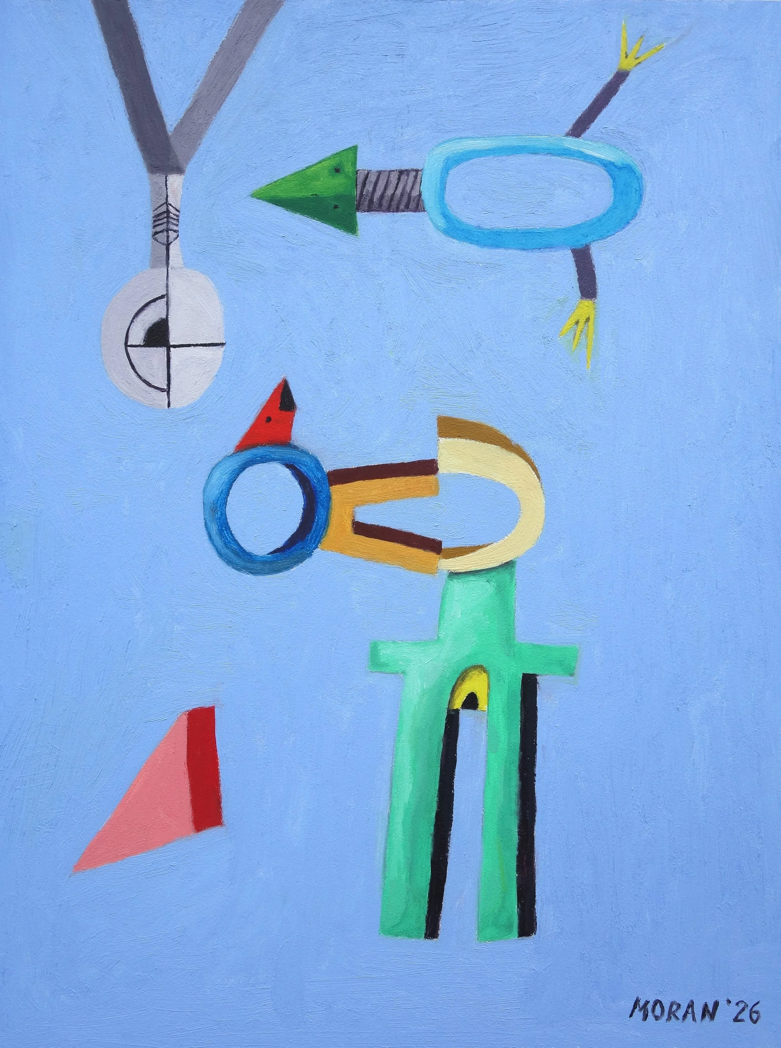 Favorable Conditions
  
 
Here is where
the half-faced man
with scissored legs
hangs upside-down, naturally,
pursued by
a screwnecked nobody
with yellow claws.
And below all that
are things
that keep growing
in favorable conditions.
  
Oil on panel, 