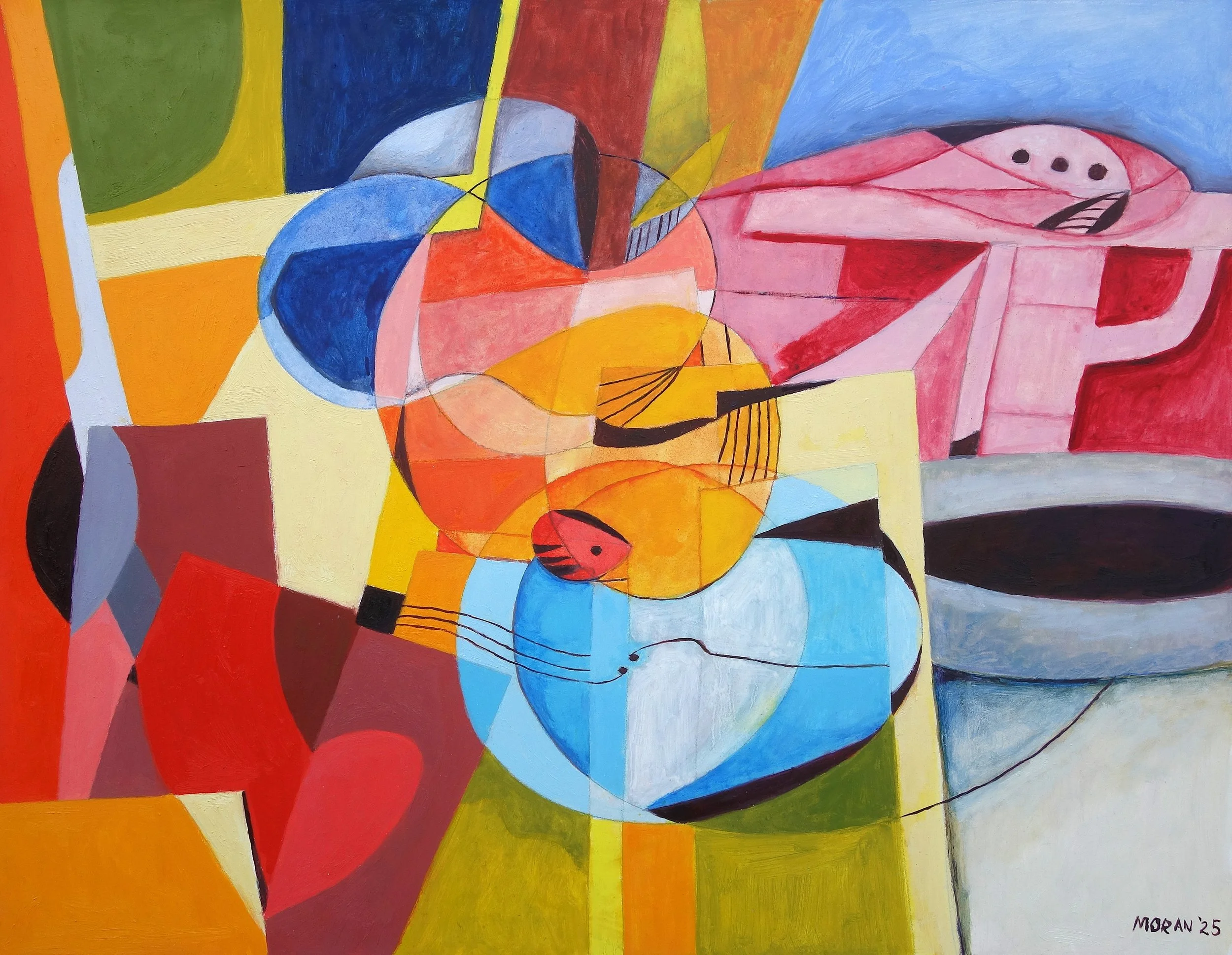 Crescendo
  
 This is the room crammed
with broken furniture,
truncated limbs,
transitory connections,
nightfall, a bloody sunset, a jug,
a man with three small eyes
and a lopsided grin.
 
Oil on masonite, 14 in x 18 in