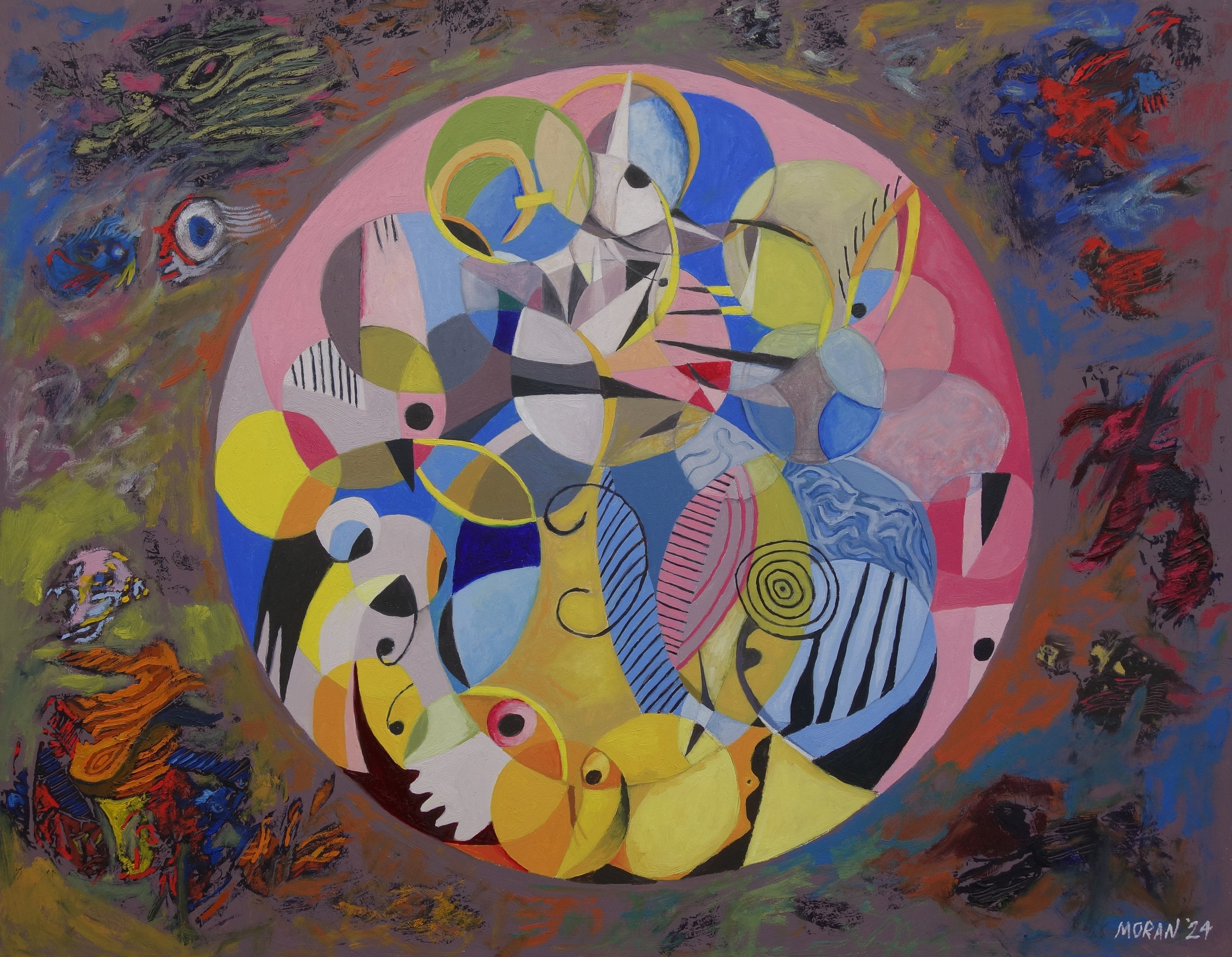 Roundabout

 

 Beasts curve against the bones of the universe, clawing to infinity.  They can't stop the noises outside.   Oil on masonite, 14 in x 18 in 