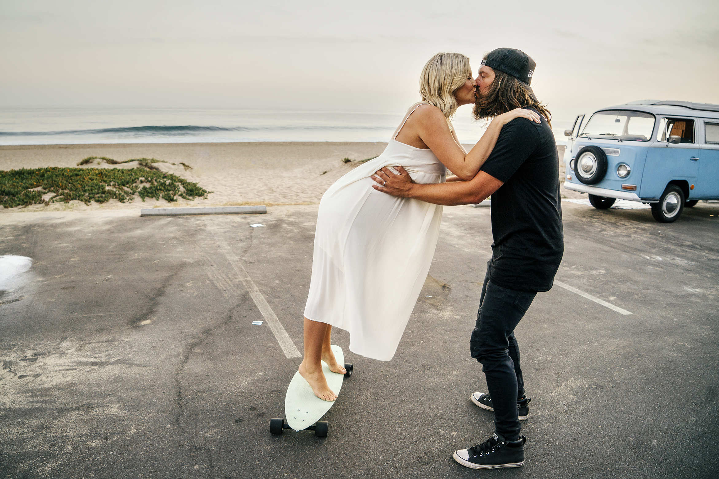 zuma beach, malibu, california beach family photoshoot volkswagen bus couple