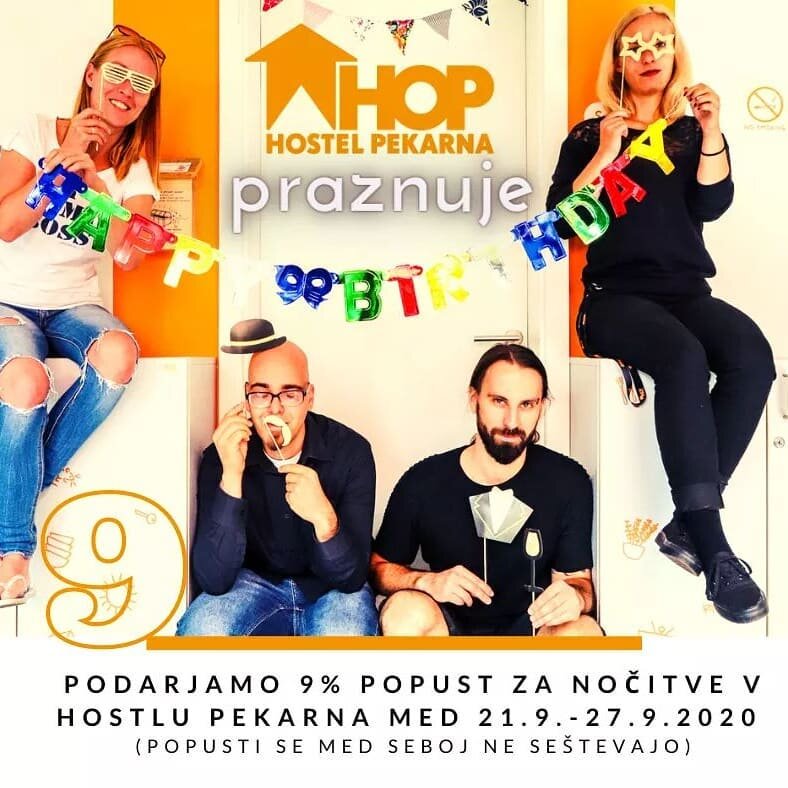 [Hostel Pekarna PRAZNUJE 🥳🎂🎊]

Kaj praznujemo? 🎊 9️⃣.ROJSTNI DAN 🤩
In ker imamo radi rojstnodnevna obdarovanja, smo vam pripravili #darilo 🎁 

➡️ Vsem, ki boste v tednu od 21.9. - 27.9.2020 prenočili v hostlu Pekarna, podarimo 9 % popust*. ⬅️

