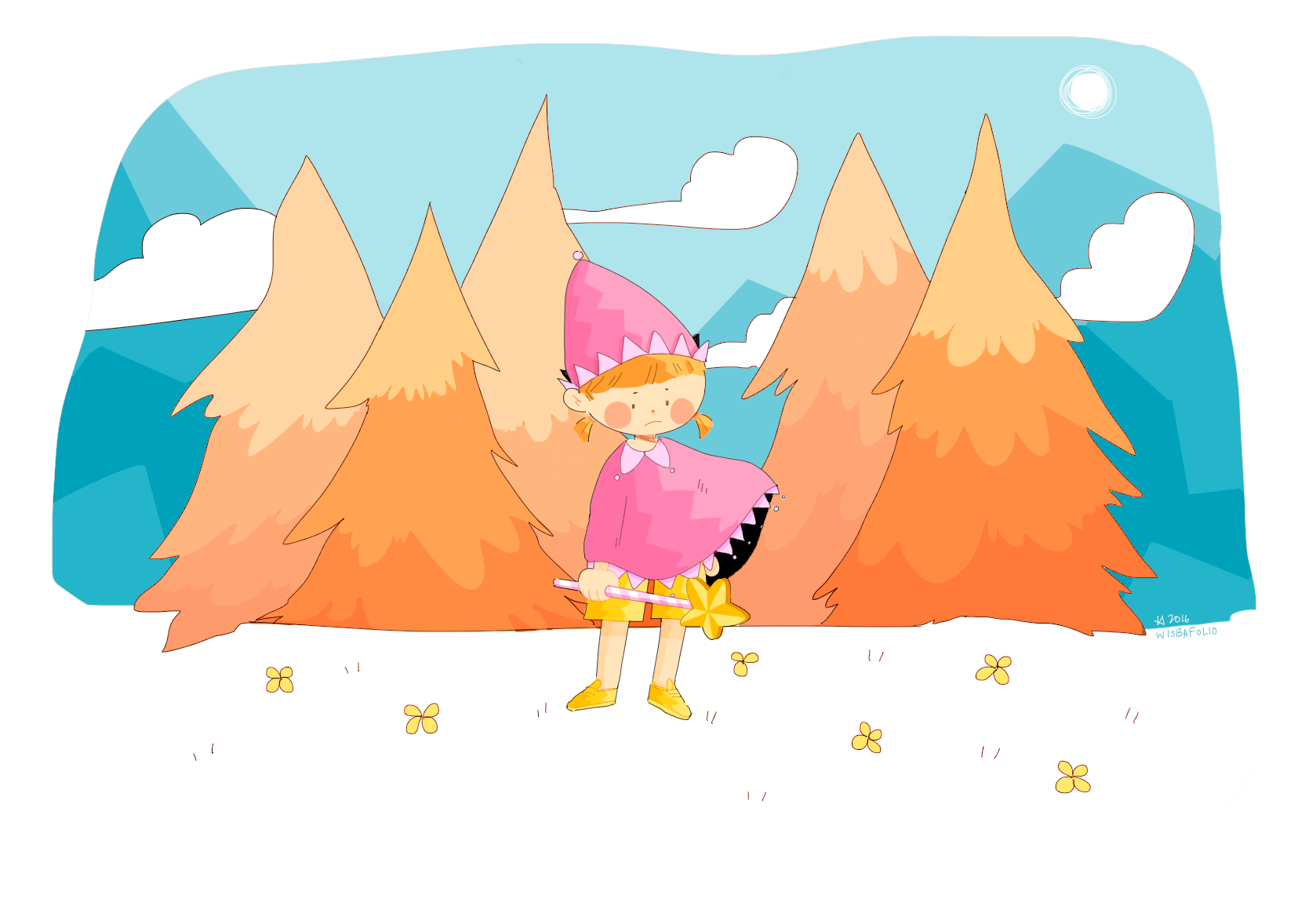 A colorful clown kid in a cool quiet forest Digital 2016