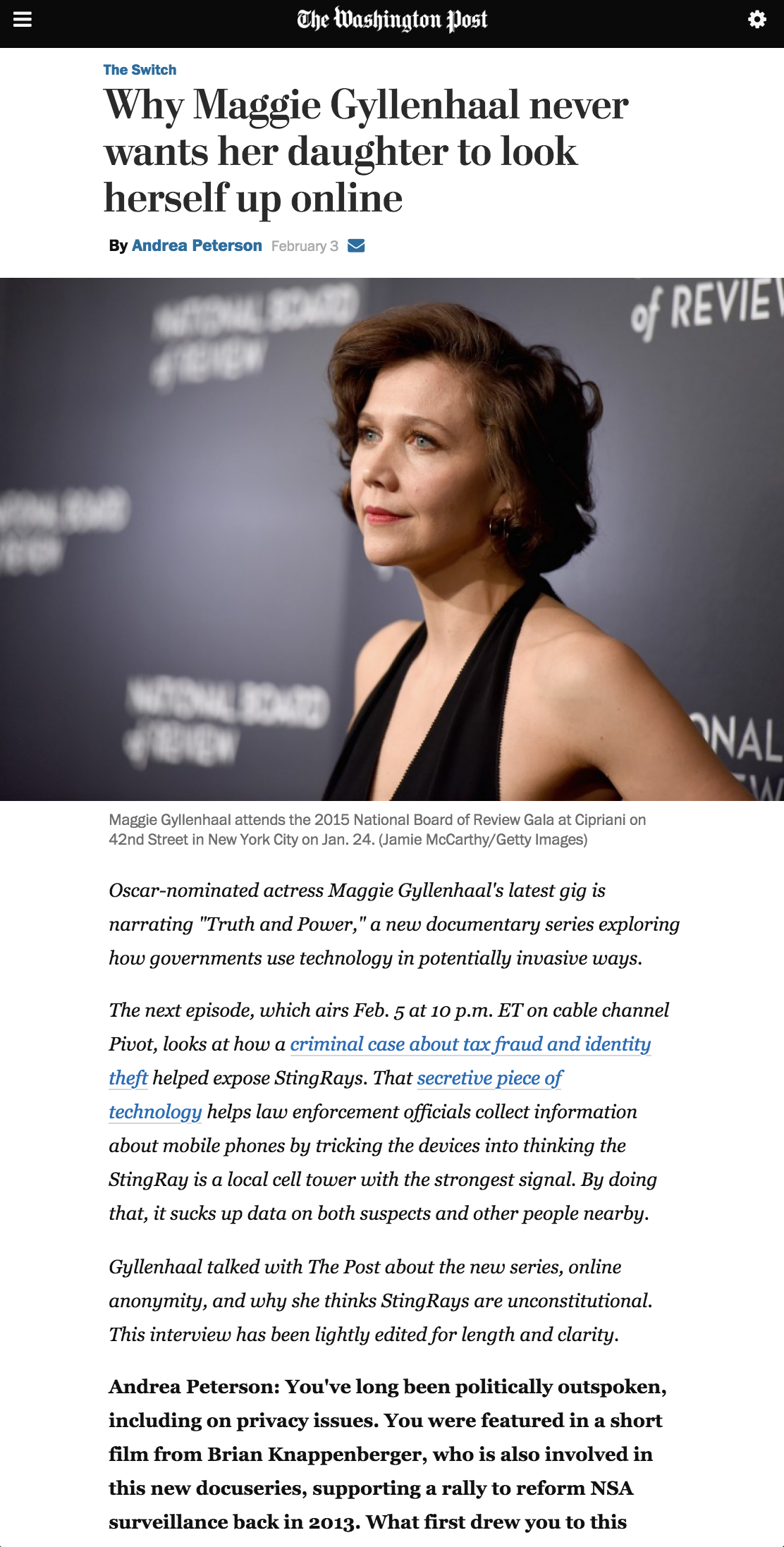 The Washington Post interviews Maggie Gyllenhaal on consumer privacy issues in the docu-series "Truth and Power"