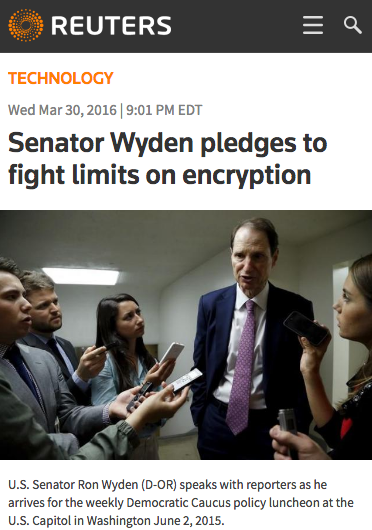Reuters on Senator Wyden’s pledge to revive a bill to block court attempts by U.S. law enforcement to undercut encryption at RightsCon Silicon Valley 2016