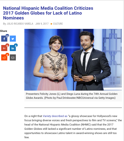 NPR's Latino USA quotes NHMC's Alex Nogales on lack of diversity at the Golden Globes 