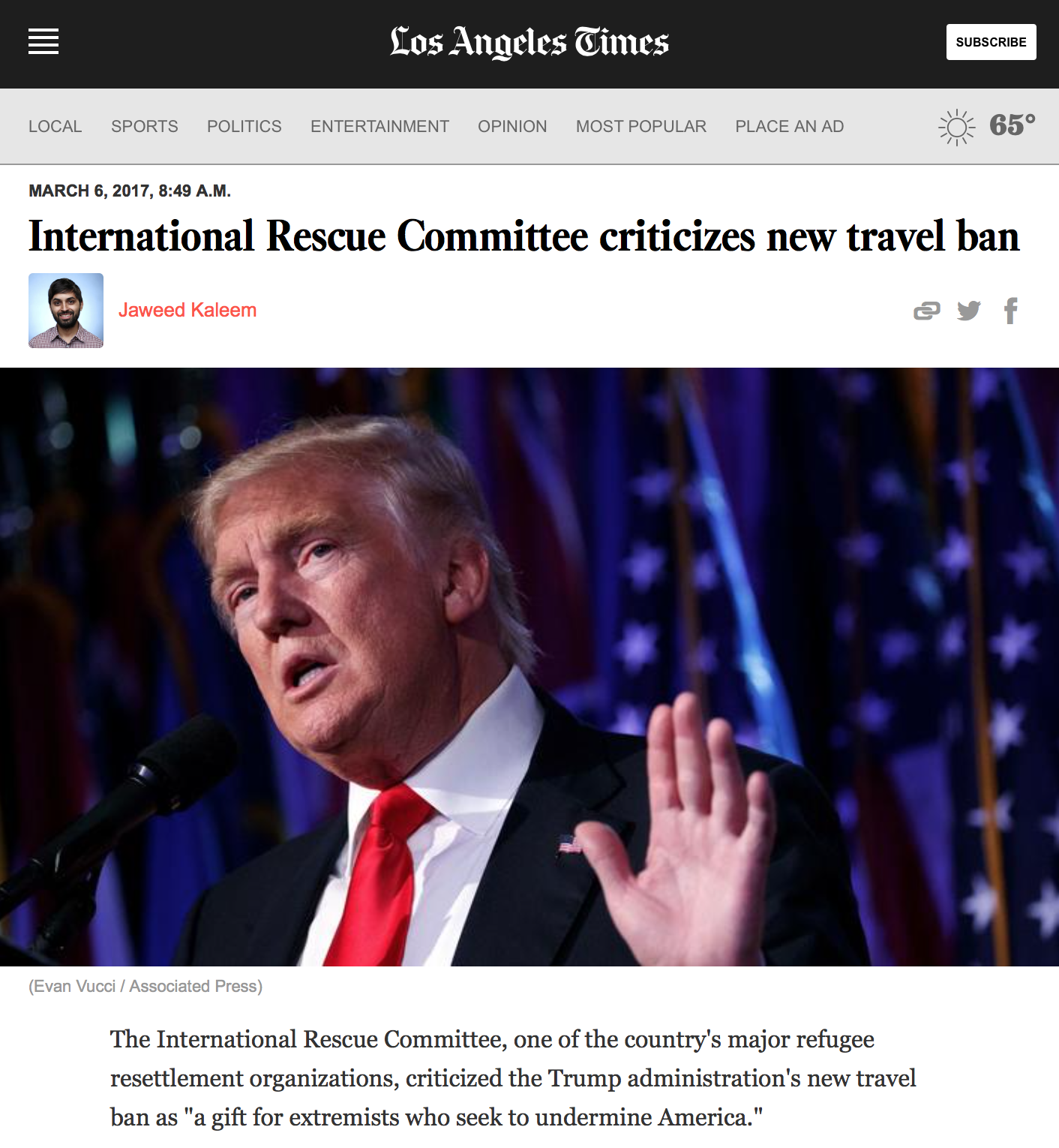 Los Angeles Times on the IRC's labeling of revised travel ban as 'propaganda gift' to terrorists