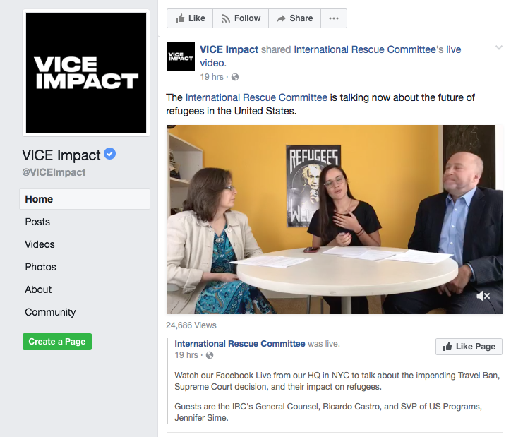 Vice Impact shares the IRC's FB Live interview on implications of travel ban 