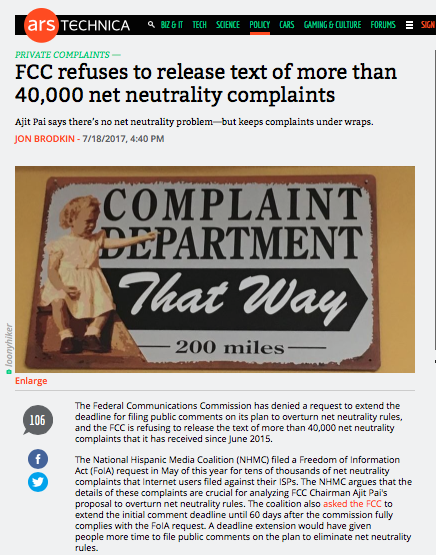 Ars Technica's on NHMC's battle with FCC for release of consumer complaints about net neutrality violations
