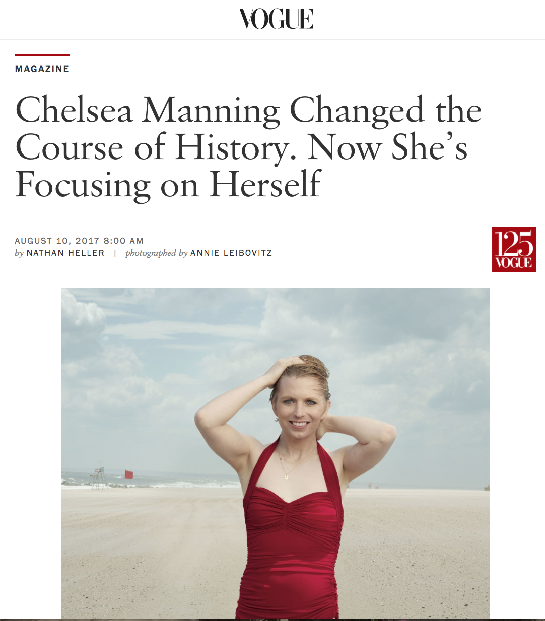 Vogue SEPTEMBER ISSUE: Profile on Chelsea Manning Photographed by Annie Leibovitz Released in 125th Anniversary Issue 