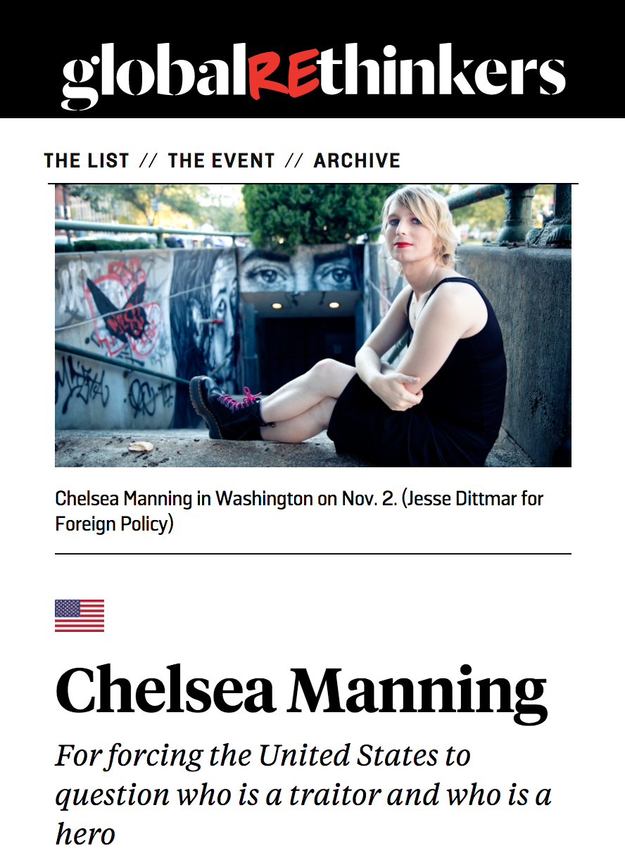 Foreign Policy Includes Chelsea Manning in their list of Global [Re]Thinkers in 2017