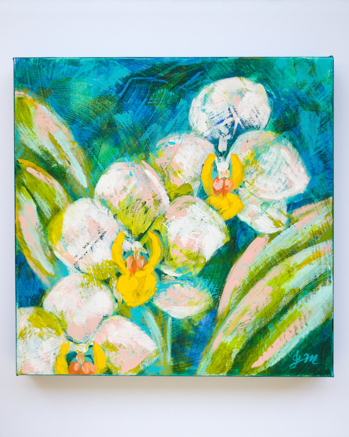 White Orchids on Blue I - 12x12