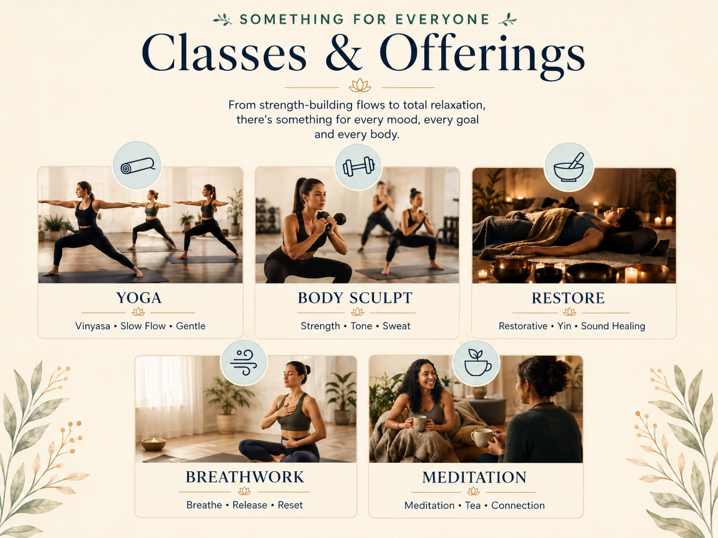 A wellness and fitness services menu with six options: Yoga, Body Sculpt, Restore, Breathwork, Meditation, and a section for relaxation and socializing. Each option has an image and brief description, with icons representing each activity.
